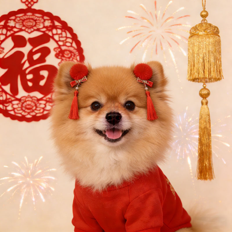 宠物狗狗发夹发卡发饰发带bb夹子头饰装饰配饰过新年春节流苏