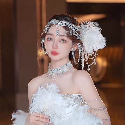 新款日韩手工灵动羽毛发钗额链头饰新娘礼服时尚跟妆旅拍奢华发饰