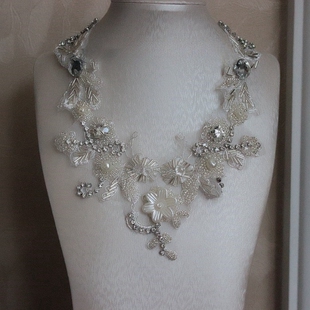 日韩时尚水钻布艺项链耳环套装花朵优雅感锁骨链颈饰气质礼服配饰