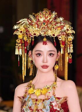 金色中式新娘秀禾服头饰古风汉服龙凤褂结婚凤冠霞帔古装婚礼发饰