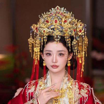金色中式新娘秀禾服头饰古风汉服龙凤褂结婚古装婚礼凤冠霞帔发饰