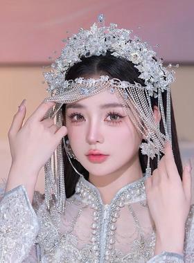 白色中式新娘秀禾服头饰古风汉服龙凤褂结婚传统古装婚礼遮面发饰