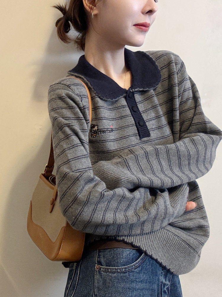 韩系POLO领撞色条纹长袖针织衫女秋季宽松慵懒小众不撞款毛衣上衣