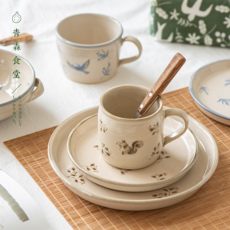 〈青森食堂〉日本制灶师窑可爱松鼠燕子马克宽口杯双耳钵圆餐盘