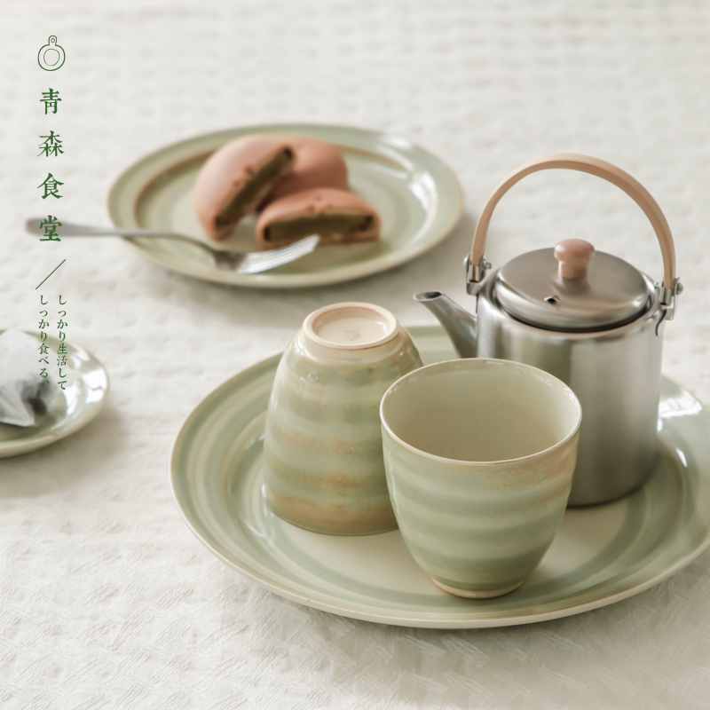 〈青森食堂〉日本制BZJS粗陶风手作和风豆青圆圈汤吞饭碗小碟圆盘