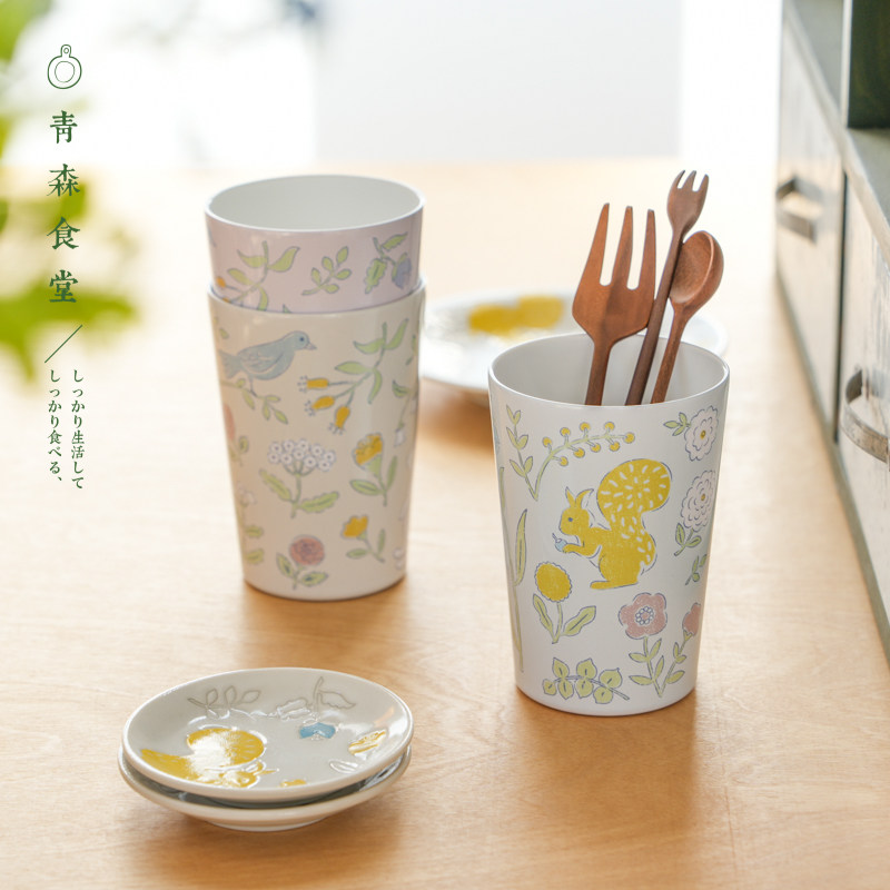 〈青森食堂〉日本进口清新手绘花鸟兔子陶瓷不锈钢手握杯保温水杯