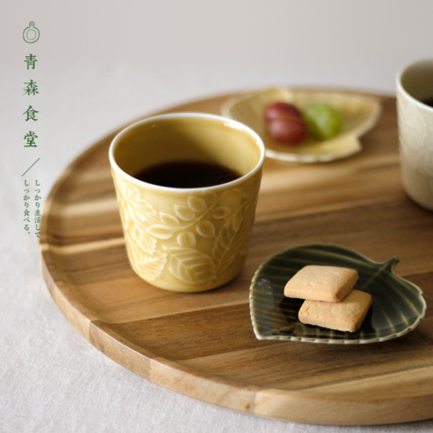 美浓烧浮雕树叶陶瓷杯碟取皿餐盘