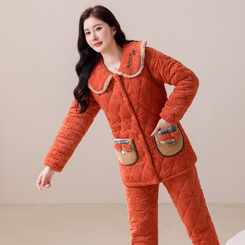 睡衣女冬季加厚三层夹棉袄女士珊瑚绒韩版可爱加绒保暖家居服套装