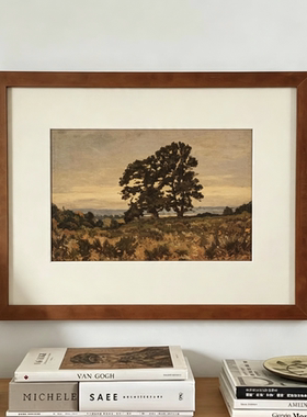 暮色橡树中古小众装饰画实木复古风景斗柜摆件玄关客厅高级感挂画