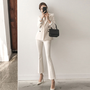 2025春秋韩版修身双排扣职业微喇裤西服女外套休闲时尚小西装套装