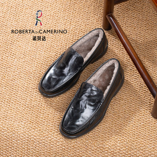 意大利诺贝达男鞋男士商务休闲皮鞋真皮真毛加绒保暖软底乐福鞋