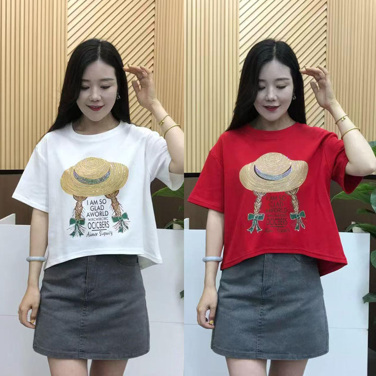 帽子印花圆领短袖T恤女夏季2025新款韩版宽松时尚小个子减龄上衣