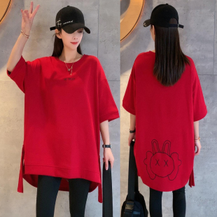 中长款 大版 新款 卫衣女2024夏季 宽松刺绣休闲遮肉圆领上衣 宽松短袖