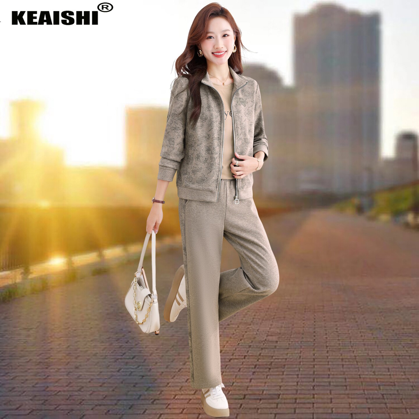 KEAISHI香港轻奢女装2026春季新款休闲大码三件套时尚减龄套装女