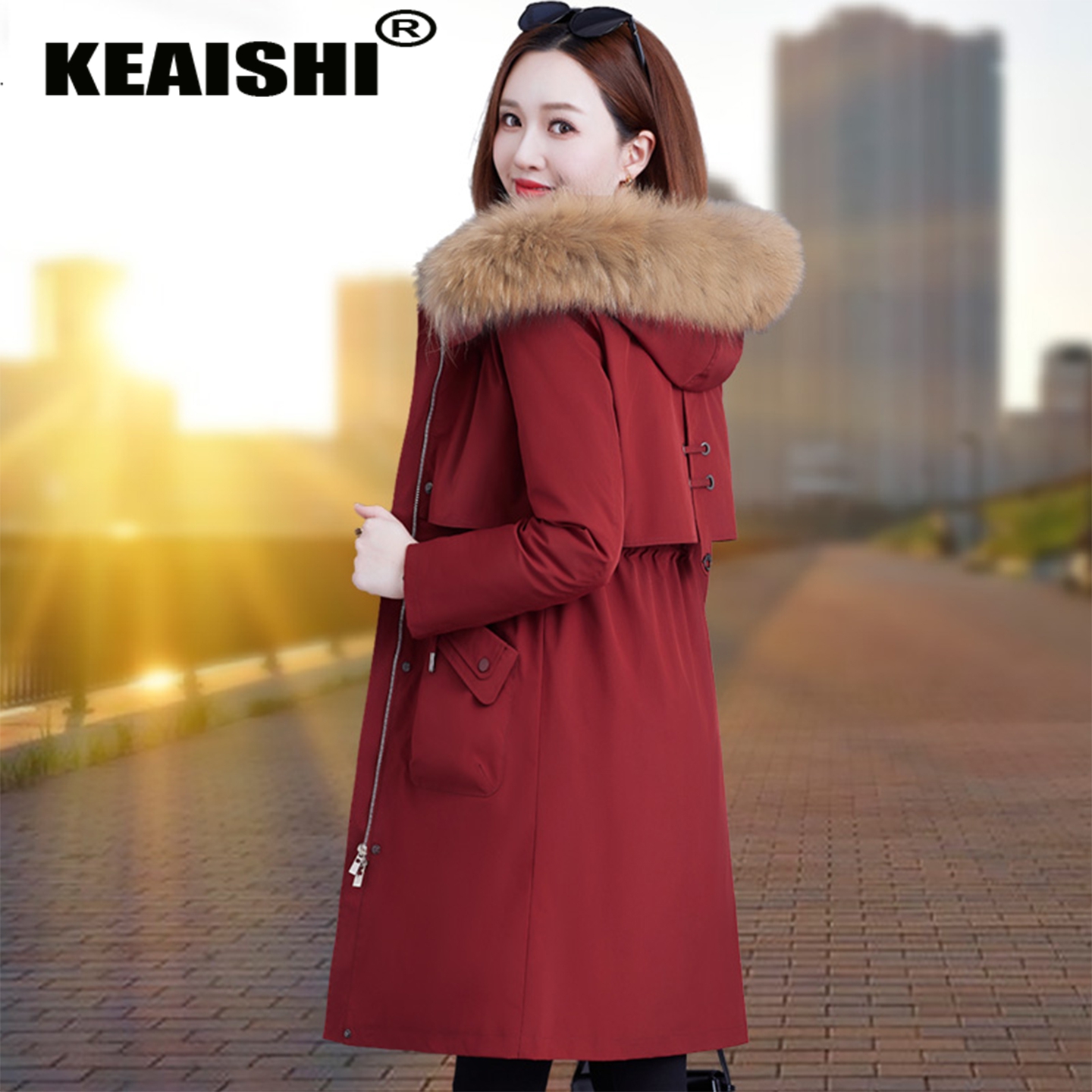 KEAISHI羽绒服女款冬季2025新款红色派克服可拆卸内胆中长款外套