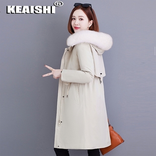 KEAISHI羽绒服女2025新款冬季大毛领派克服可拆卸内胆中长款外套