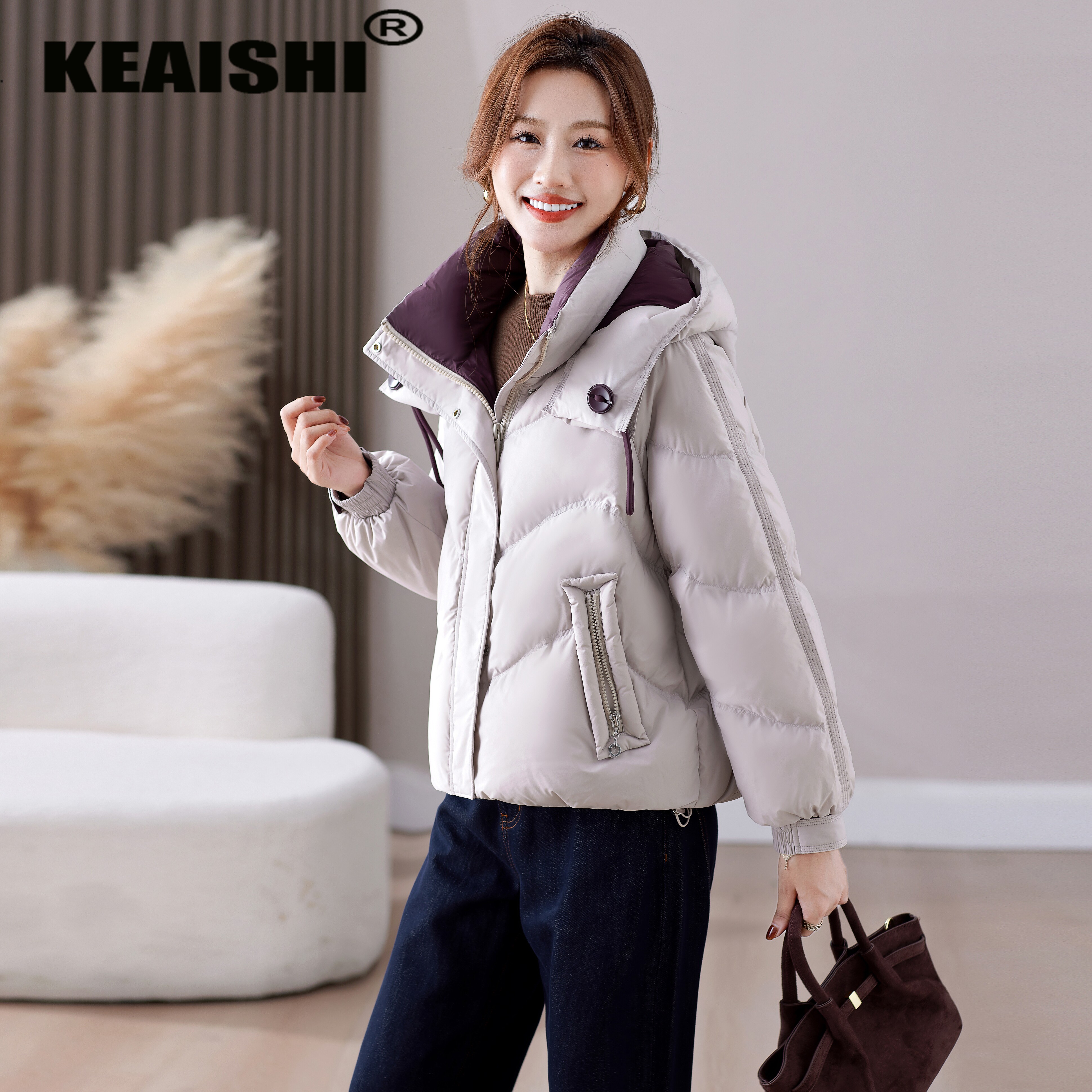 KEAISHI香港轻奢冬季爆款短款加厚保暖白鸭绒羽绒服时尚洋气外套