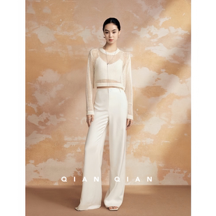 富家千金立体剪裁显瘦后松紧腰逆天长腿直筒阔腿裤 徐开开 凝霜白