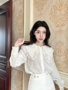 徐开开 新款早春法式白衬衫女 蕾丝花边娃娃领设计感百搭长袖上衣