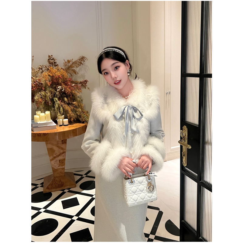 徐开开小香风粗花呢狐狸毛羽绒