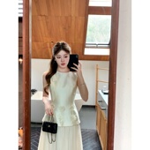 徐开开 奶油米富家千金珍珠立体花无袖 掐腰拼接仙气长纱裙礼服裙