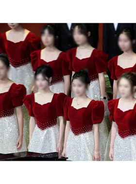 大合唱团演出服女长裙新款主持人晚礼服红歌比赛学生舞台表演红色