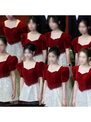 大合唱团演出服女长裙新款主持人晚礼服红歌比赛学生舞台表演红色