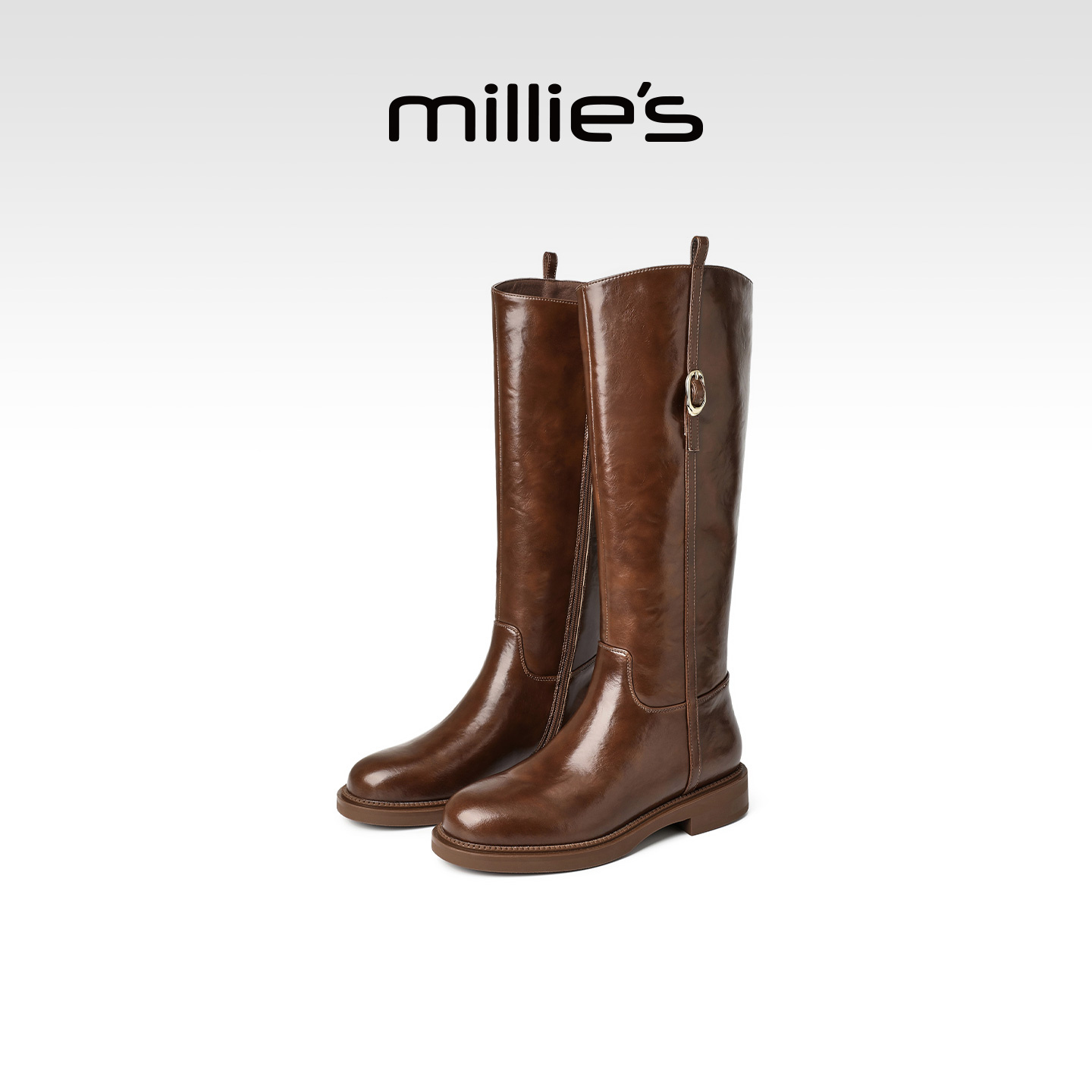 MILLIE'S/妙丽真皮厚底长筒靴女粗跟显瘦不过膝高筒长靴骑士靴子