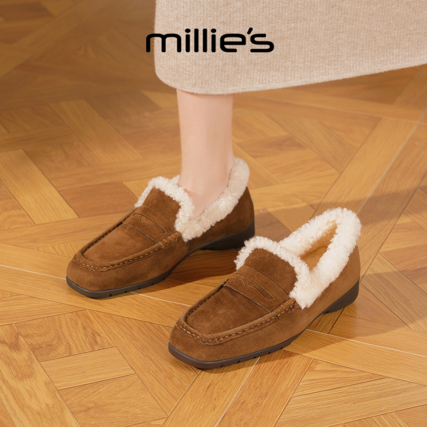 MILLIE'S/妙丽羊羔毛加绒豆豆乐福鞋女款冬季一脚蹬懒人保暖棉鞋