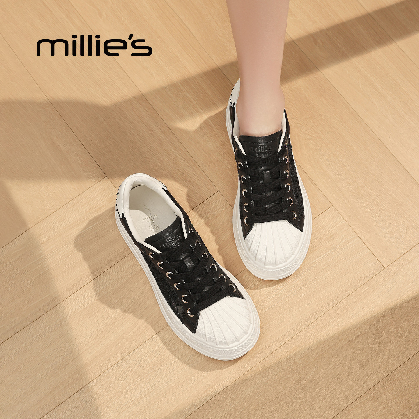MILLIE'S/妙丽厚底板鞋女2026春季新款真皮复古黑色增高休闲女鞋