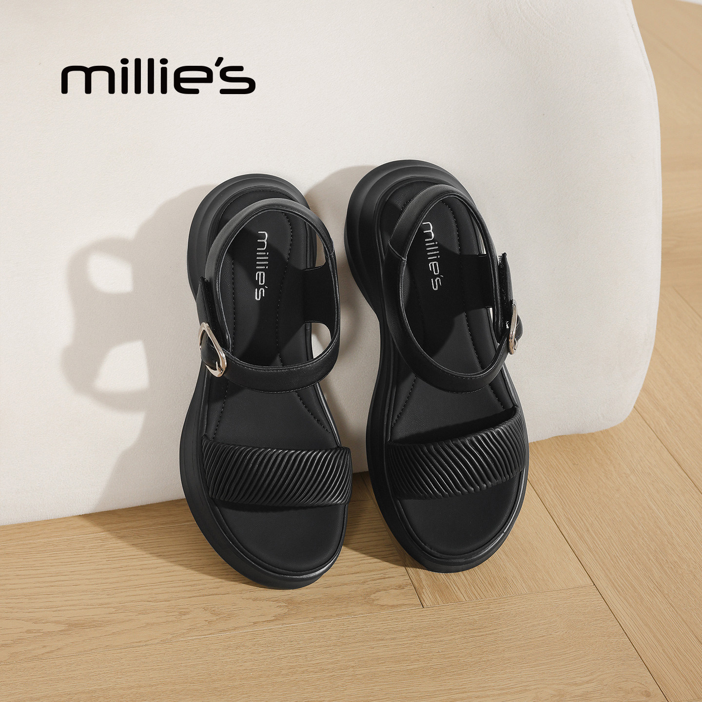 MILLIE'S/妙丽厚底一字带凉鞋女黑色轻便不累脚休闲夏季新款