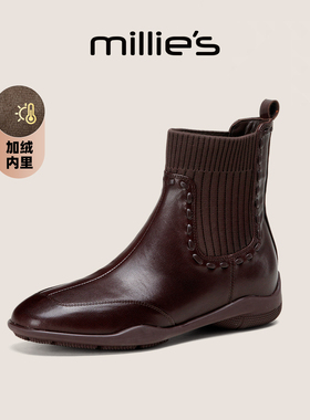 MILLIE'S/妙丽加绒女靴2025冬季新款英伦风切尔西靴保暖短筒靴子