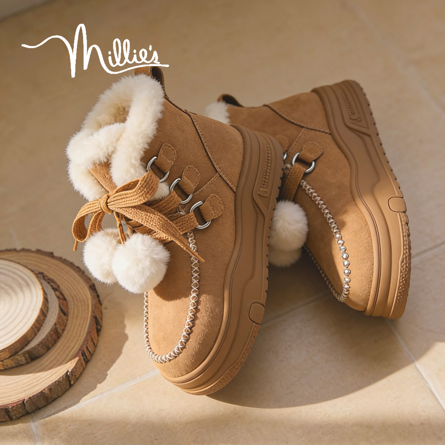MILLIE'S/妙丽2025加绒加厚毛绒雪地靴女冬季厚底系带保暖毛毛靴