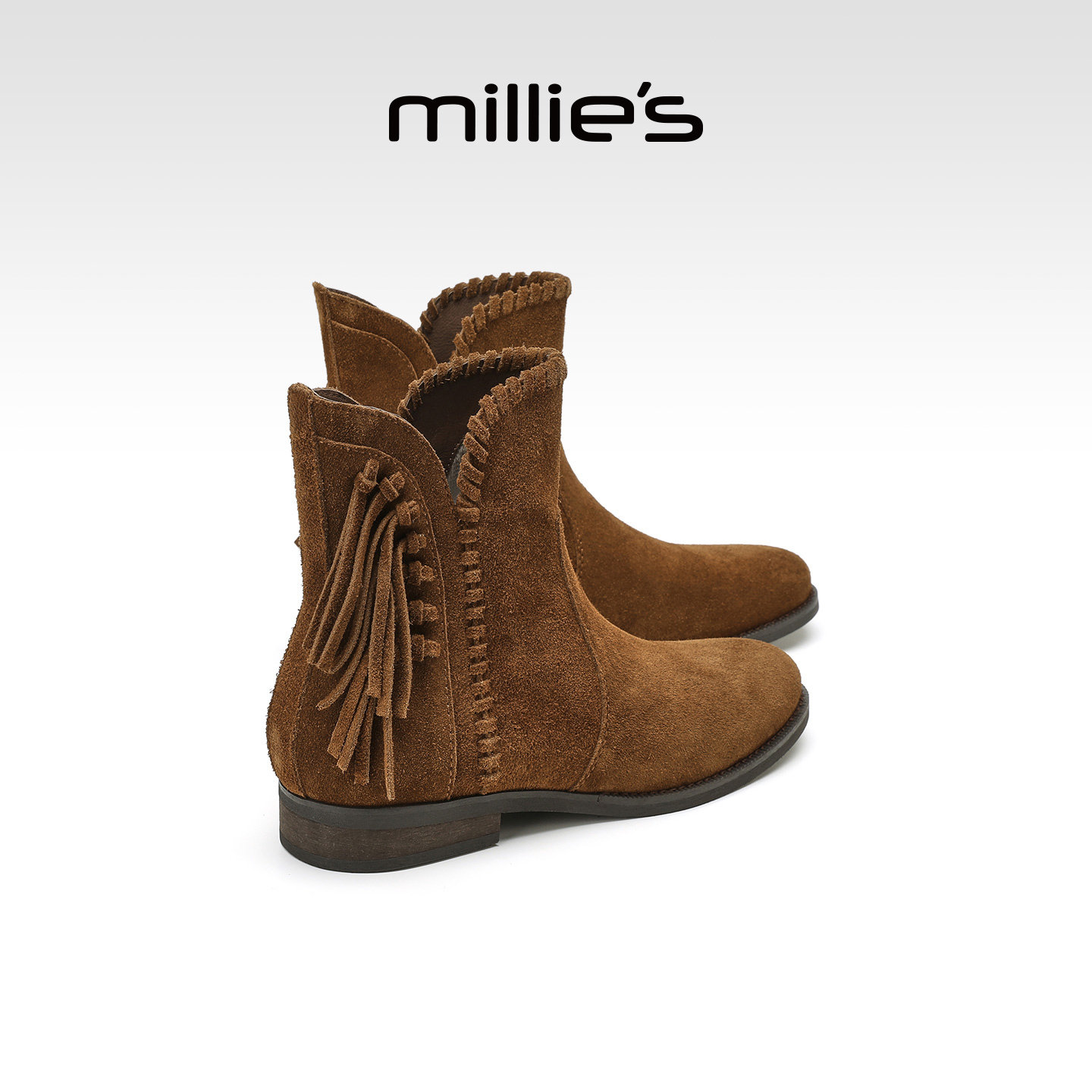 MILLIE'S/妙丽真皮女靴秋季新款低跟圆头平底系带马丁靴流苏短靴