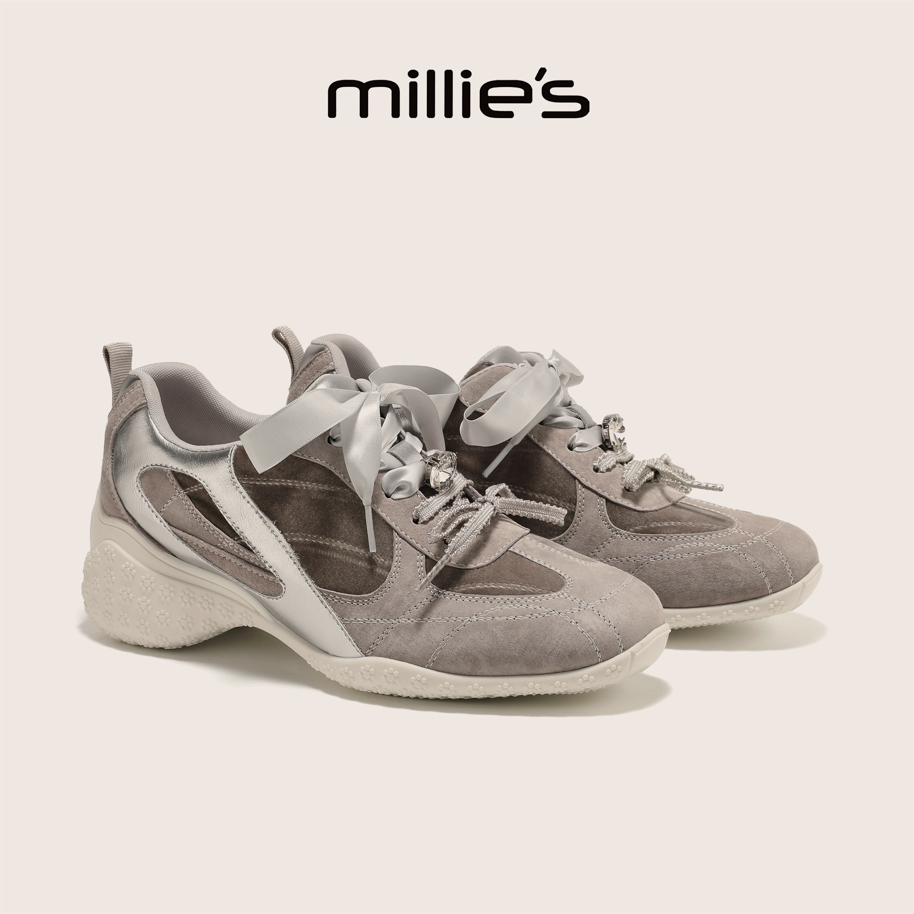 MILLIE'S/妙丽官方旗舰店秋季银灰色休闲德训鞋女系带绒面运动鞋C