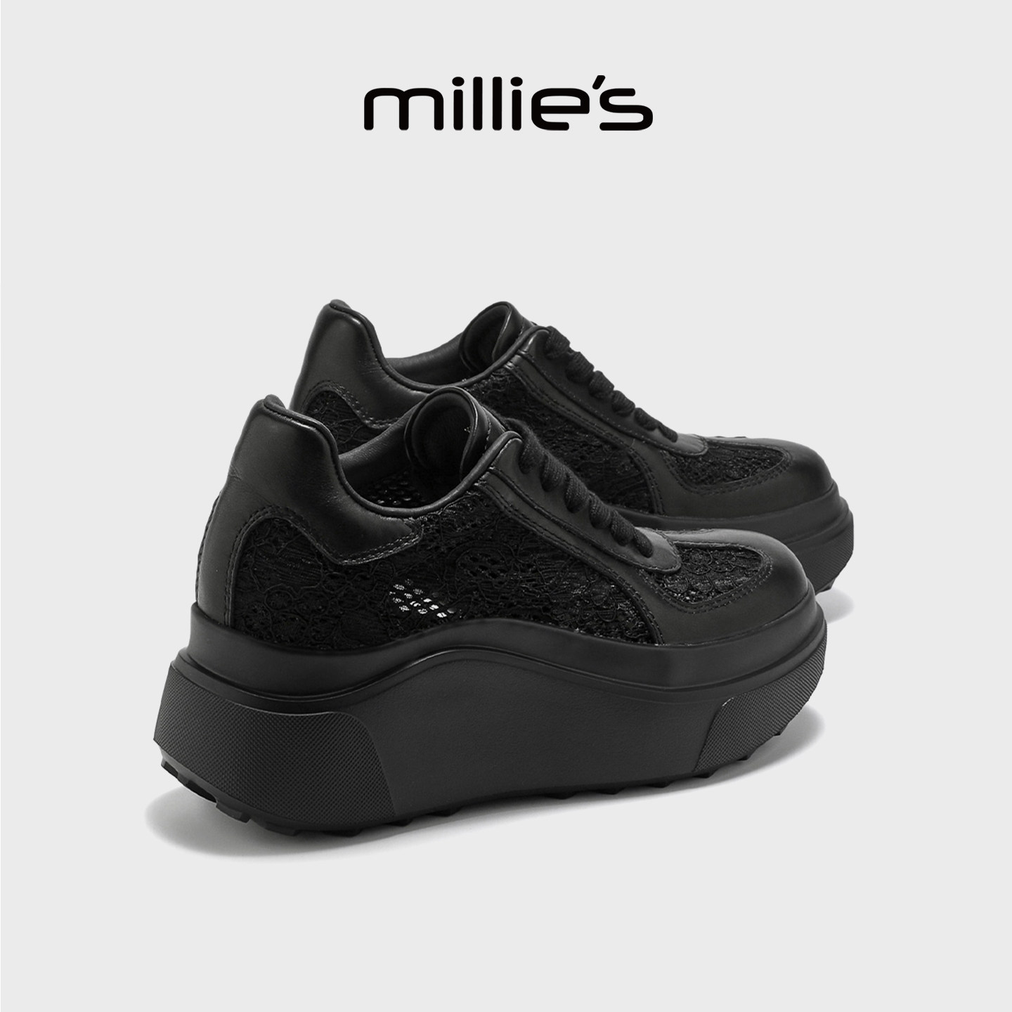 MILLIE'S/妙丽黑色增高休闲鞋女百搭松糕鞋小个子运动厚底老爹鞋