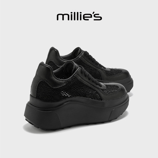 MILLIE'S/妙丽黑色增高休闲鞋女百搭松糕鞋小个子运动厚底老爹鞋