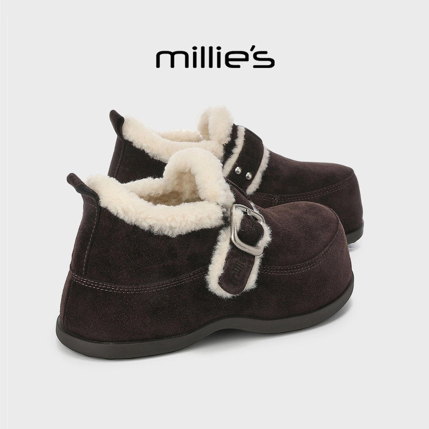 MILLIE'S/妙丽毛绒全包勃肯鞋女鞋夏季厚底加绒保暖休闲外穿棉鞋