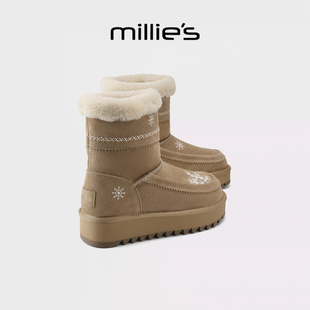 中筒靴加绒加厚保暖棉鞋 MILLIE 冬季 妙丽厚底雪地靴女2025新款