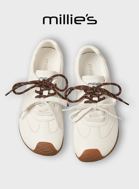 MILLIE'S/妙丽真皮德训鞋女2026新款春季厚底白色百搭休闲运动鞋