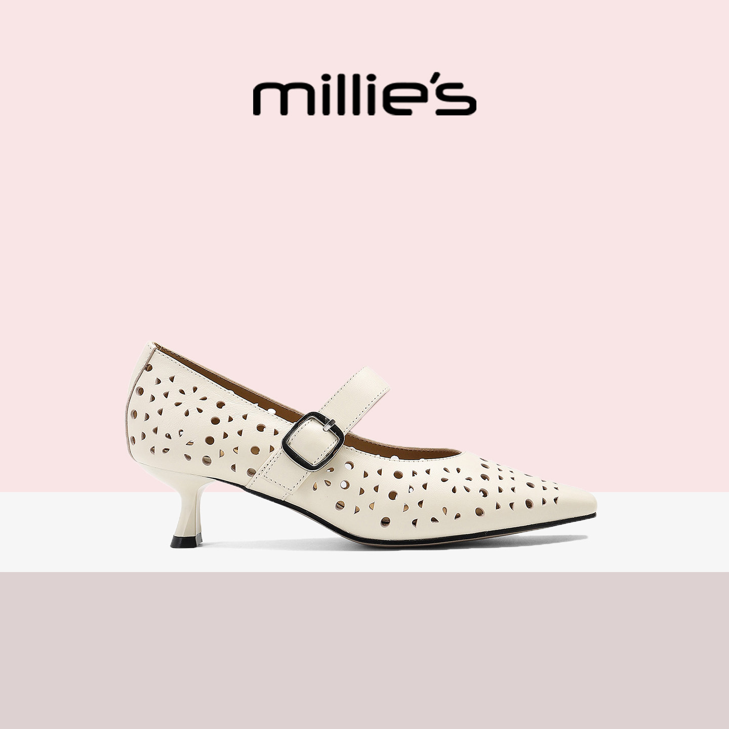 MILLIE'S/妙丽尖头玛丽珍凉鞋女2026新款夏季浅口细跟镂空高跟鞋