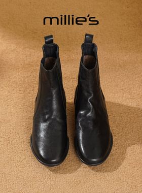 MILLIE'S/妙丽黑色切尔西靴女短靴冬季加绒不累脚真皮短筒靴子