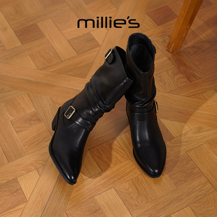 MILLIE'S/妙丽黑色中筒靴女2026冬季新款加绒堆堆靴高跟骑士靴子
