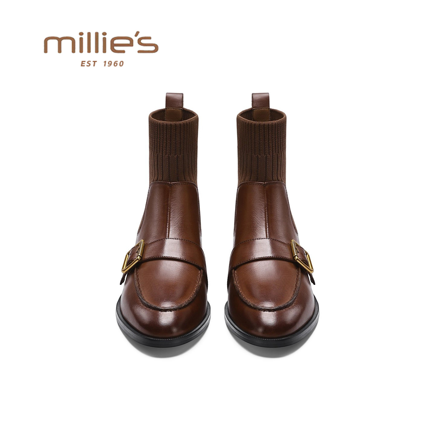 MILLIE'S/妙丽真皮弹力短靴女款加绒棕色皮带扣粗跟瘦瘦靴袜靴女,女鞋,弹力靴/袜靴,淘宝优惠券,粉丝福利购,淘宝优惠卷