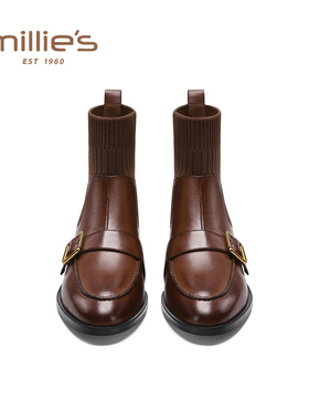 MILLIE'S/妙丽真皮弹力短靴女款加绒棕色皮带扣粗跟瘦瘦靴袜靴女