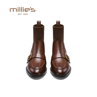MILLIE'S/妙丽真皮弹力短靴女款加绒棕色皮带扣粗跟瘦瘦靴袜靴女
