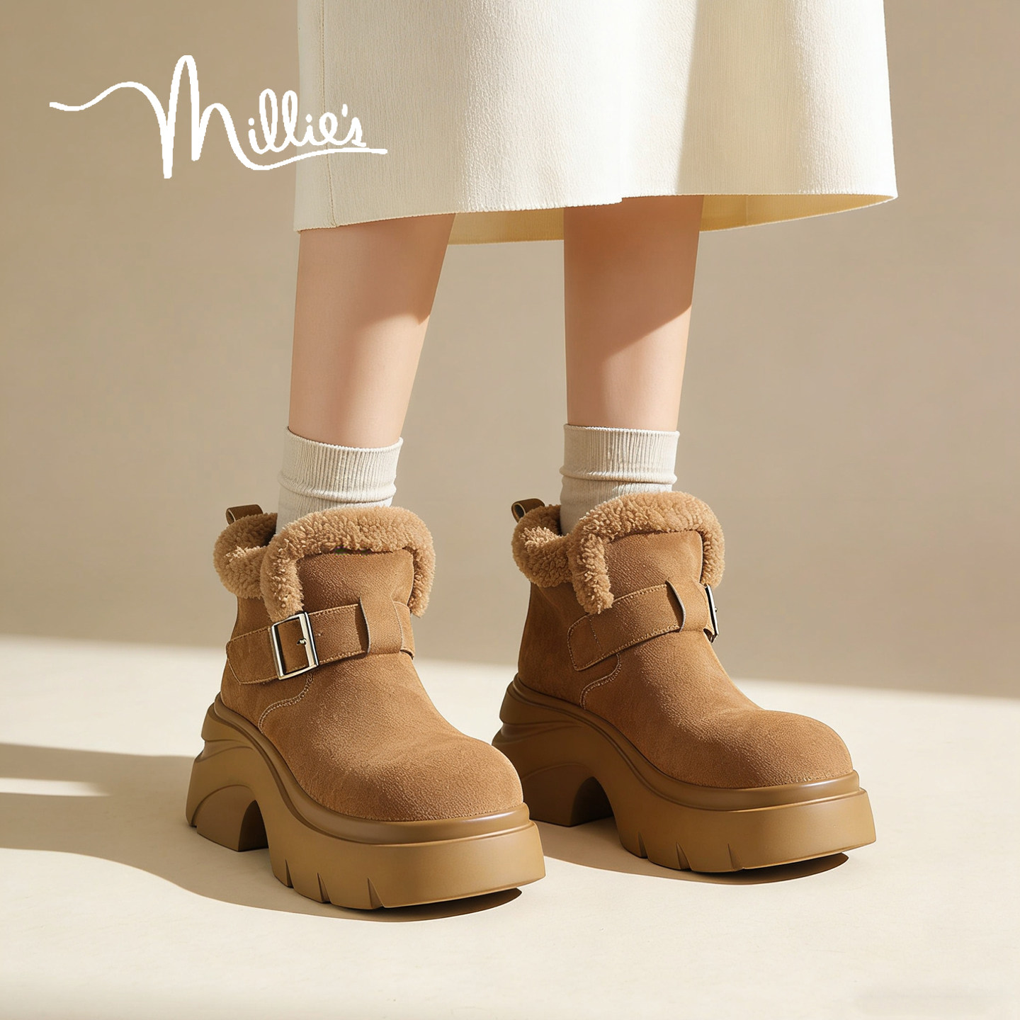 MILLIE'S/妙丽真皮加绒雪地靴女款冬季厚底增高皮毛一体保暖女靴,女鞋,毛毛鞋,淘宝优惠券,粉丝福利购,淘宝优惠卷