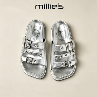 MILLIE'S/妙丽官方旗舰店复古双扣带一字拖女轻便凉拖鞋时尚拖鞋C