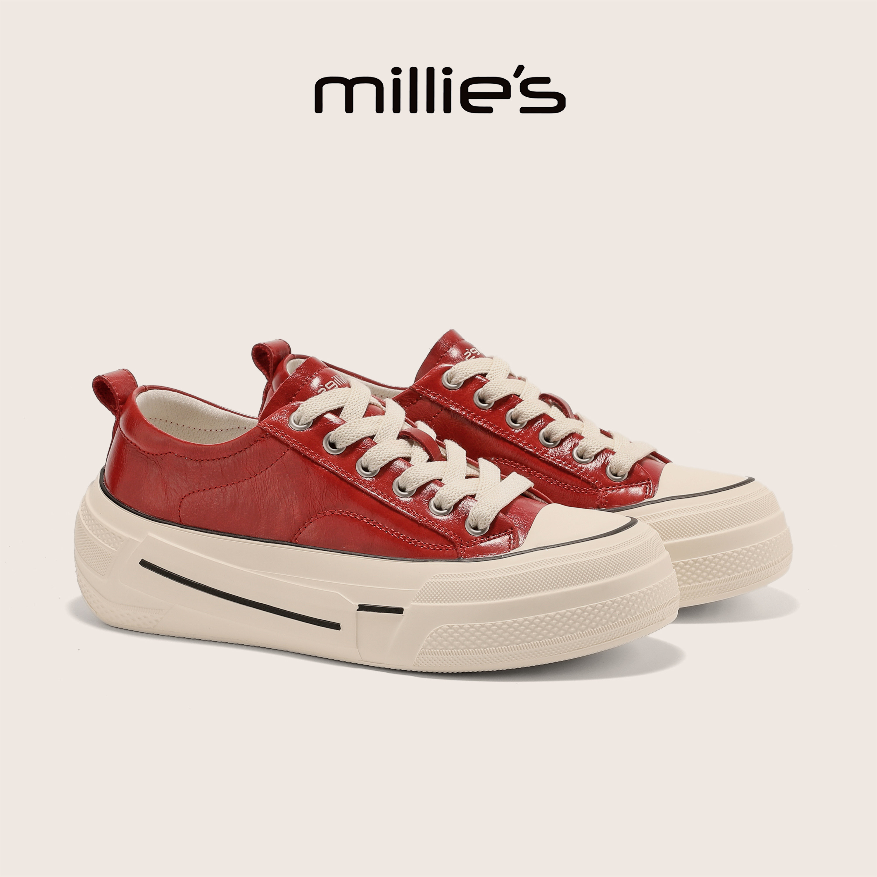 MILLIE'S/妙丽官方旗舰店真皮系带板鞋秋季红白拼色厚底休闲鞋女C