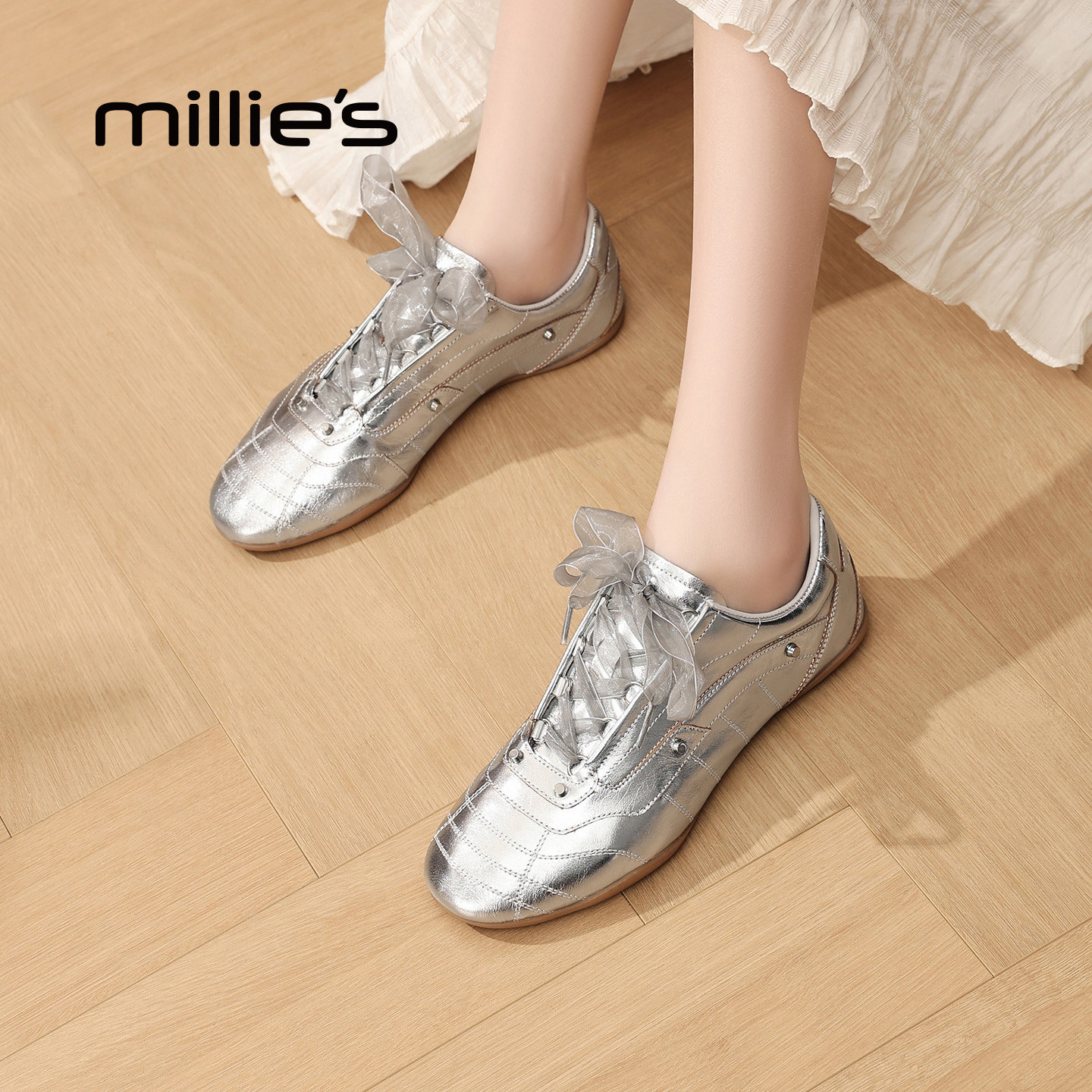 MILLIE'S/妙丽银色芭蕾德训鞋女2026春季不累脚运动阿甘休闲鞋子